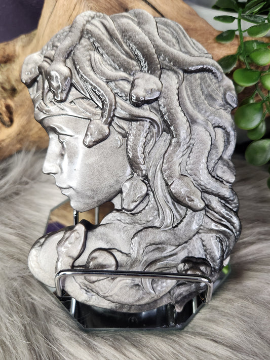 Silver Sheen Obsidian | Large Medusa Carving