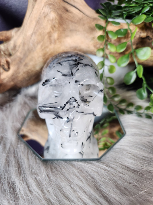 Tourmalinated Quartz | Skull Carving