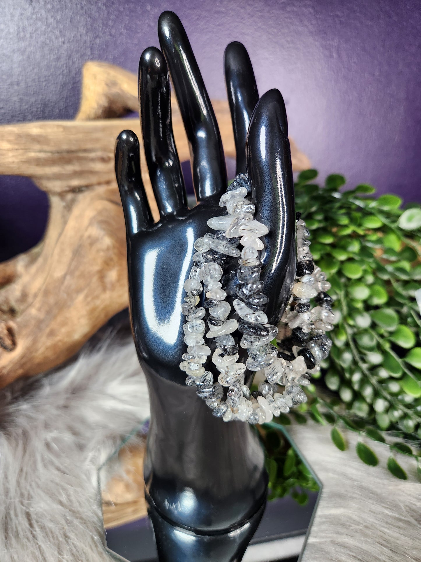 Black Tourmaline in Clear Quartz Chip Bracelet